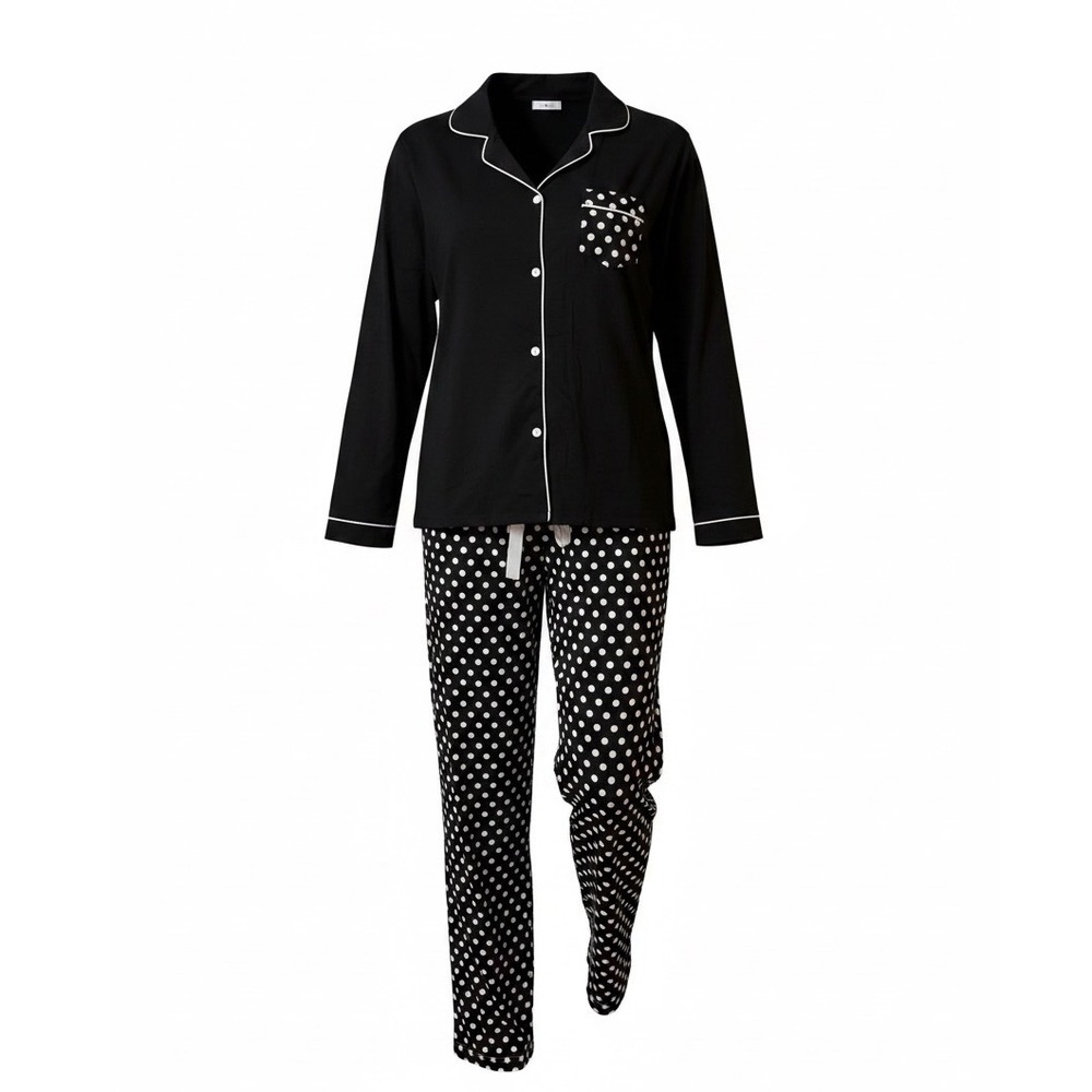 Anna-Kaci Pajama Set XL Black White Polka Dot Button Front Lounge Sleepwear NWT